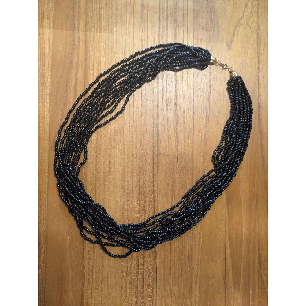 Trifari Black Beaded 10 Strand Statement Necklace with Gold Clasp - 23"